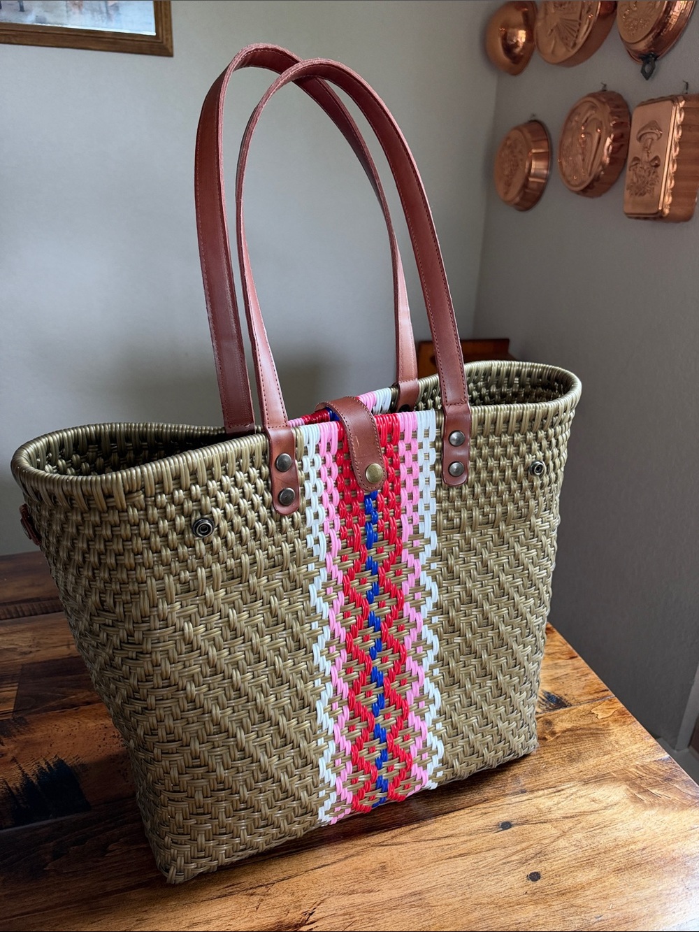 Handwoven Mexican Large Tote Bag Metalic Plastic Weave Thick Leather Handle